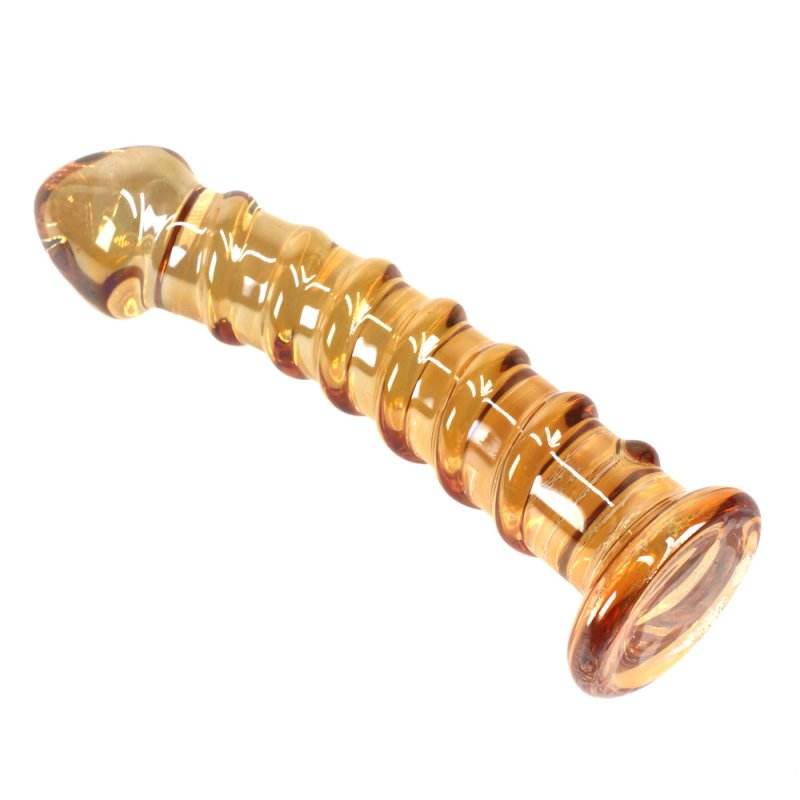 Begynder G-Spot glasdildo i guldfarvet design med bøjning og glat overflade til præcis stimulering.