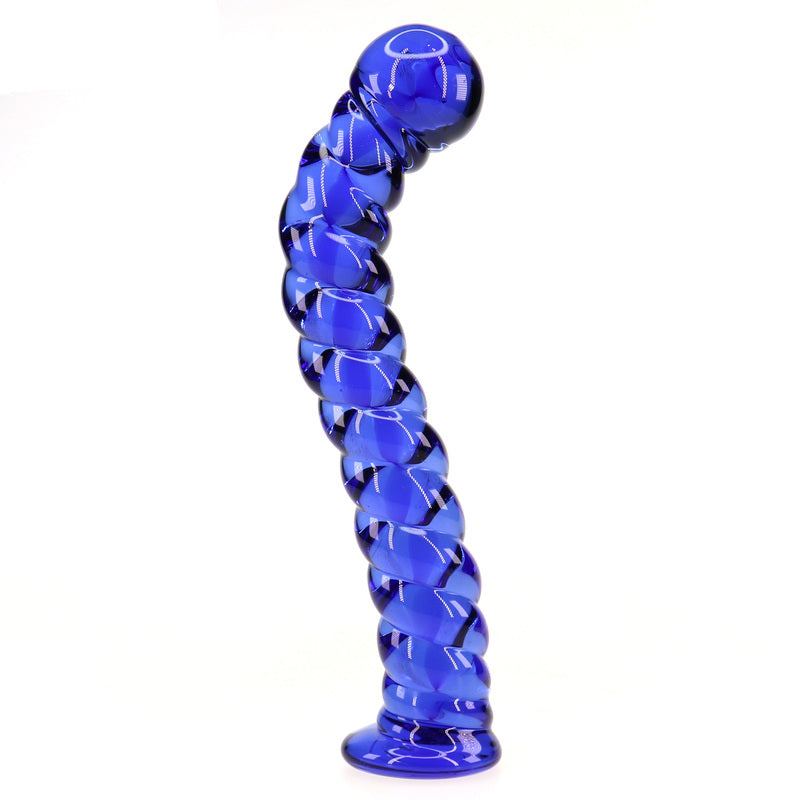 Blue glass prostate massager with ergonomic curved design and textured surface for enhanced stimulation.