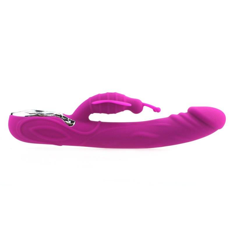 Lilla opvarmende silikone kaninvibrator med penis hoved og ergonomisk design.