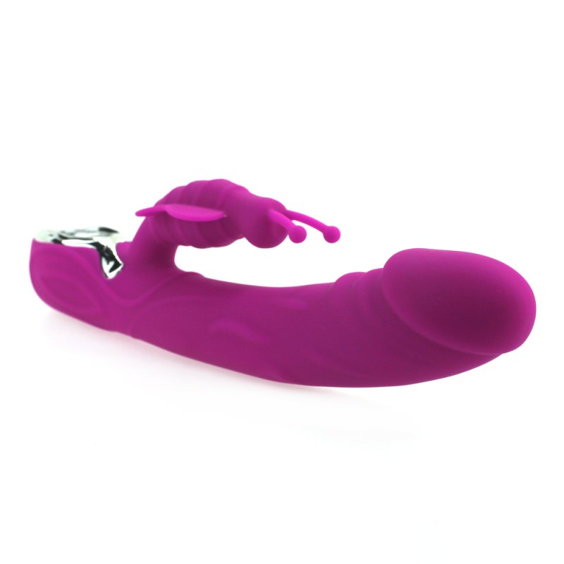 Opvarmende silikone kanin vibrator med penis hoved i lilla, blød og holdbar, 26 cm lang og 4 cm i diameter.