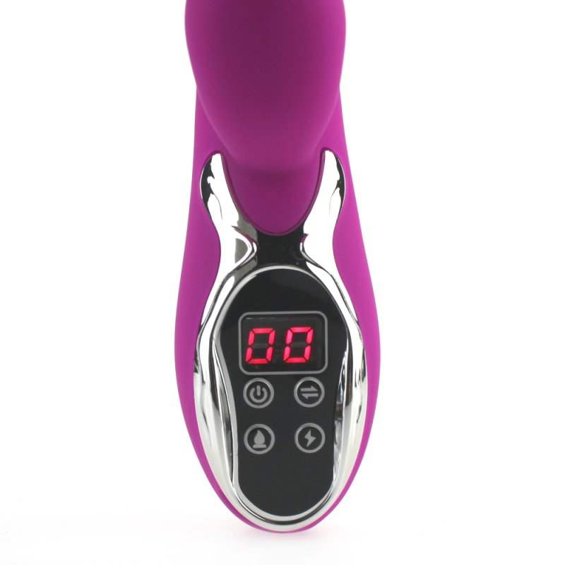 Opvarmende silikone kanin vibrator i lilla med penis hoved og digitalt display