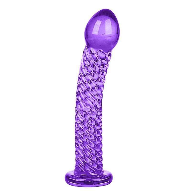 Lilla bølget glas dildo med kunstneriske kurver og glat overflade til stimulerende oplevelse