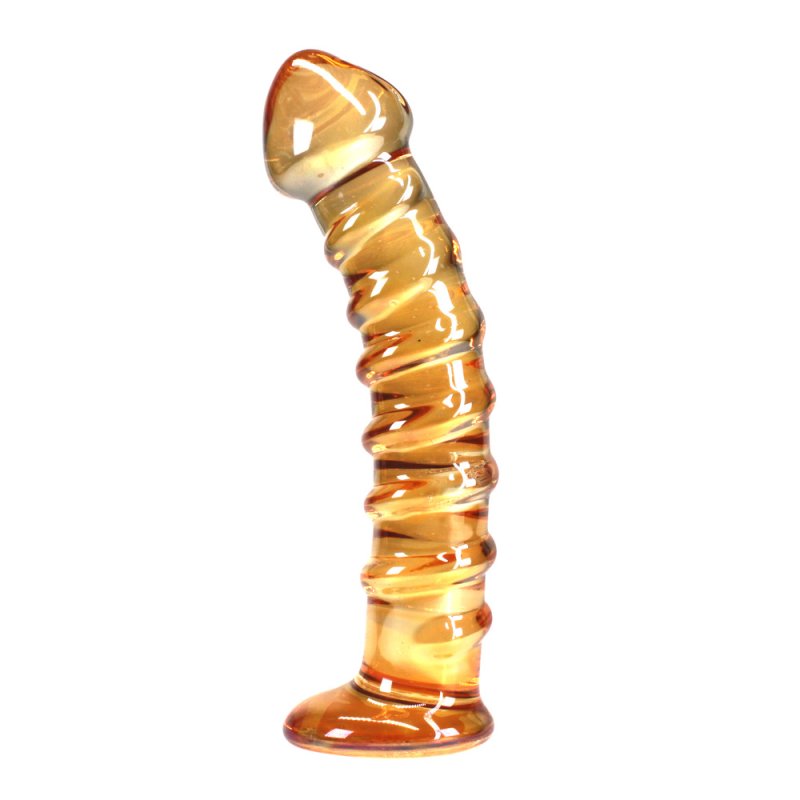 Begynder G-Spot glasdildo i guld med buet design og glat overflade til præcis stimulation.