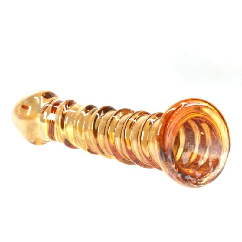 Beginner's G-Spot glasdildo i guld med buet form og glat overflade til præcis stimulering, 16 cm og 300g.