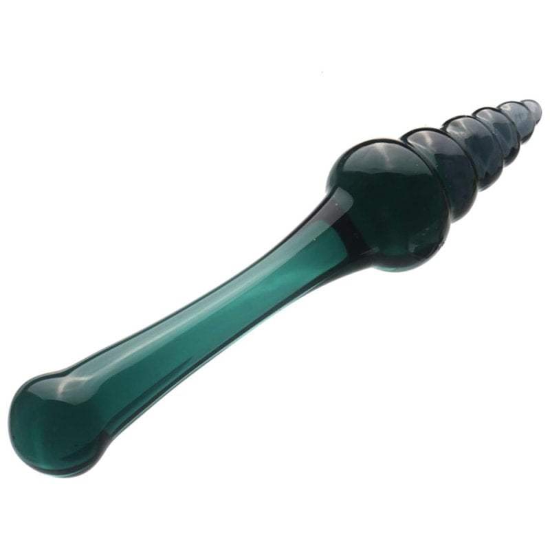 Spinning Top Butt Plug i transparent grøn med spiralformet design til roterende anal stimulation