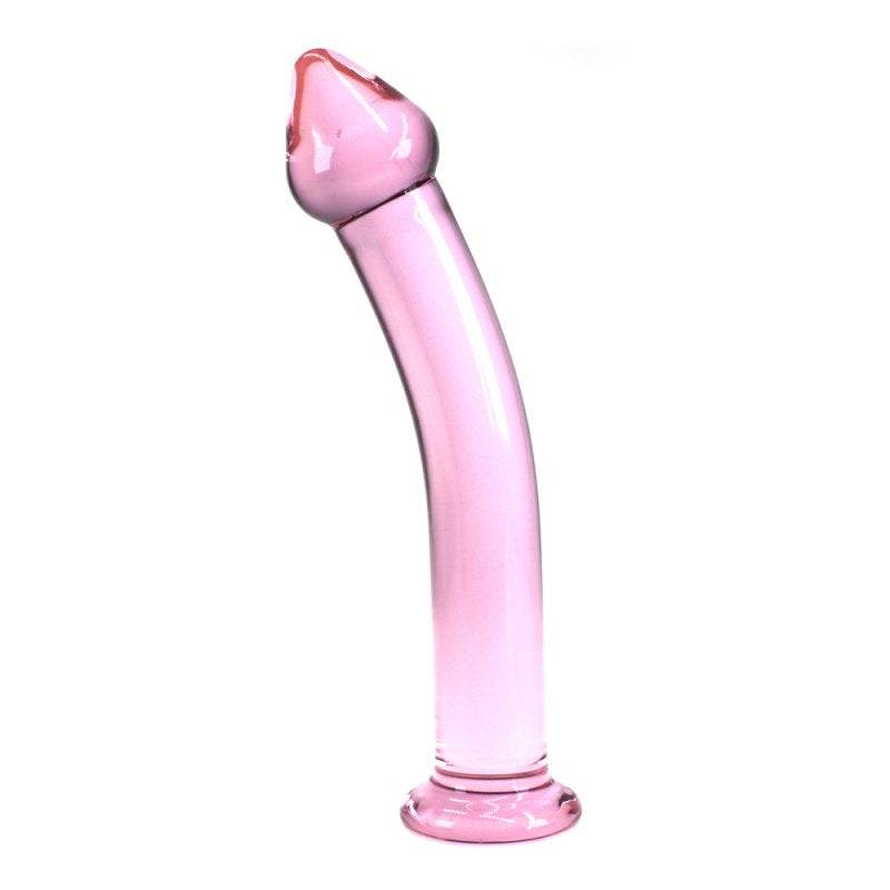 Pink glass dildo with curved design, 18 cm length, smooth and durable for intimate use.