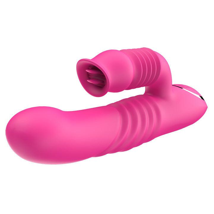 Lyserød Dual Thrusting Rabbit Vibrator med dobbeltstødende funktion og blødt materiale, 24 cm lang og 3 cm bred.