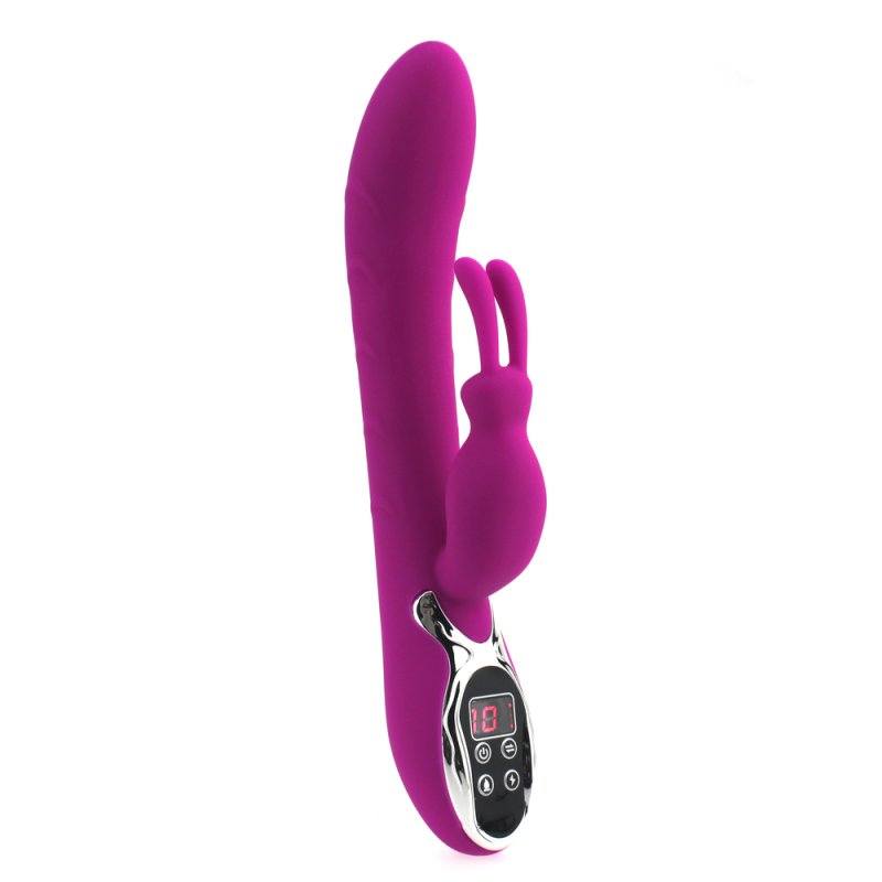 Lilla opvarmende silikone G-punkt rabbit vibrator med ergonomisk design og digital kontrolpanel