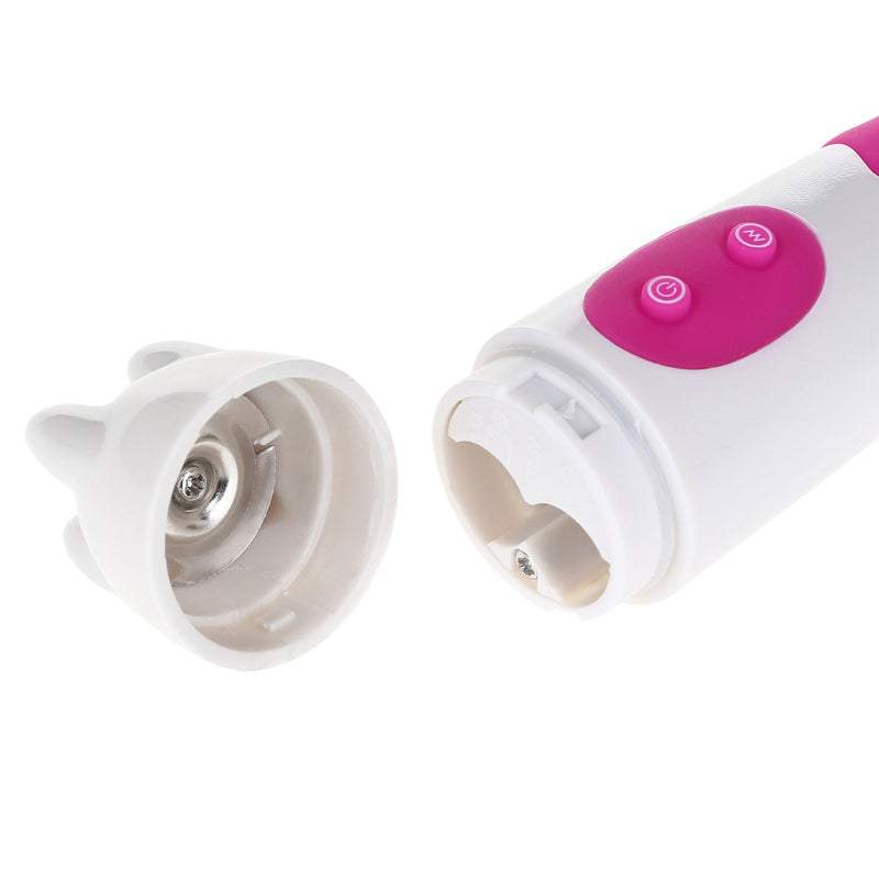 Detalje af hvid og lyserød G-spot Dual Vibrerende Stick med aftageligt batteridæksel og kontrolknapper.