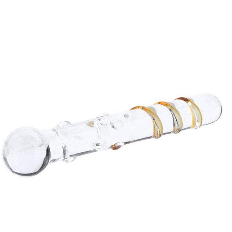 Magic wand glas anal plug med gyldne detaljer og buet design, 17,5 cm lang og 3 cm bred, glat og holdbar.