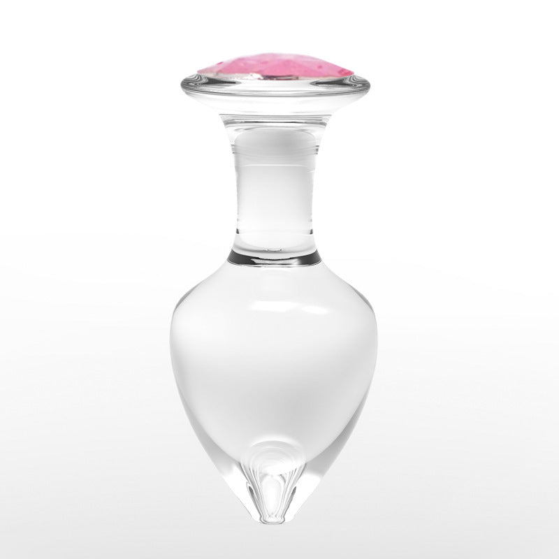 Butt Plug i Glas med Diamant - Gennemsigtig, Small, Lyserød Sten