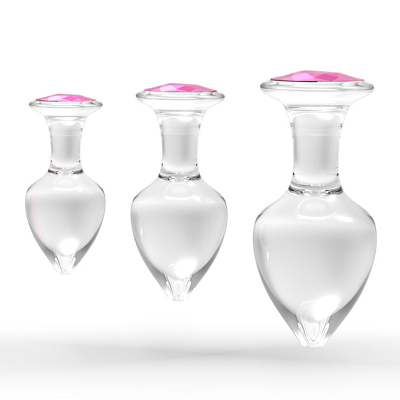 Butt Plug i Glas med Diamant - Gennemsigtig, Stor, Lyserød Sten