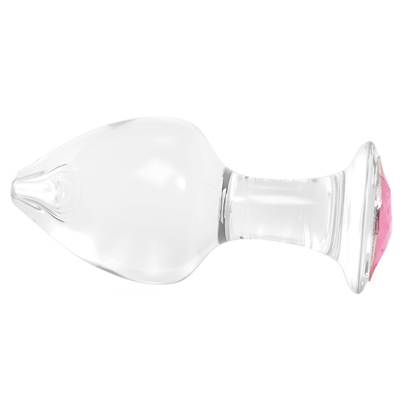 Butt Plug i Glas med Diamant - Gennemsigtig, Stor, Lyserød Sten