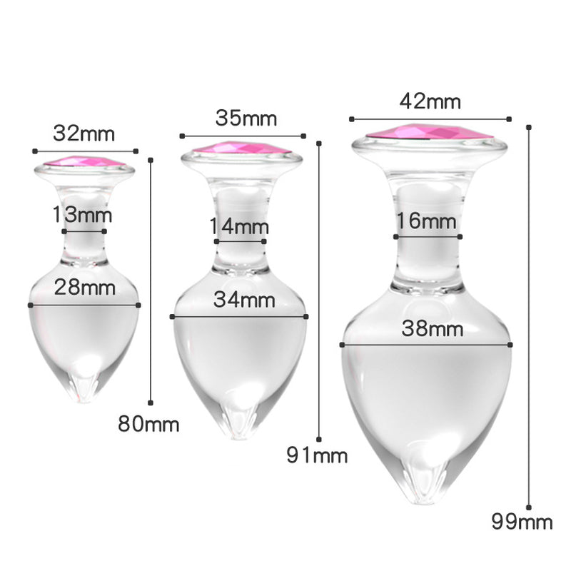 Butt Plug i Glas med Diamant - Gennemsigtig, Stor, Lyserød Sten