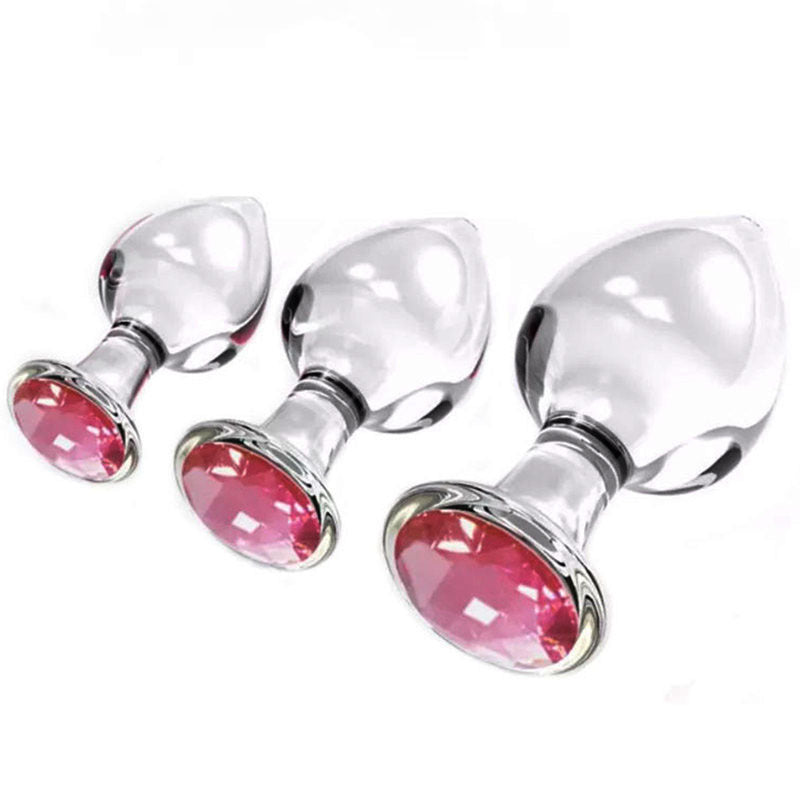 Butt Plug i Glas med Diamant - Gennemsigtig, Small, Lyserød Sten
