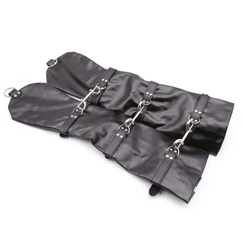 lange sorte bondage opera handsker i PVC med justerbare spænder og metalclips til kinky tilbehør