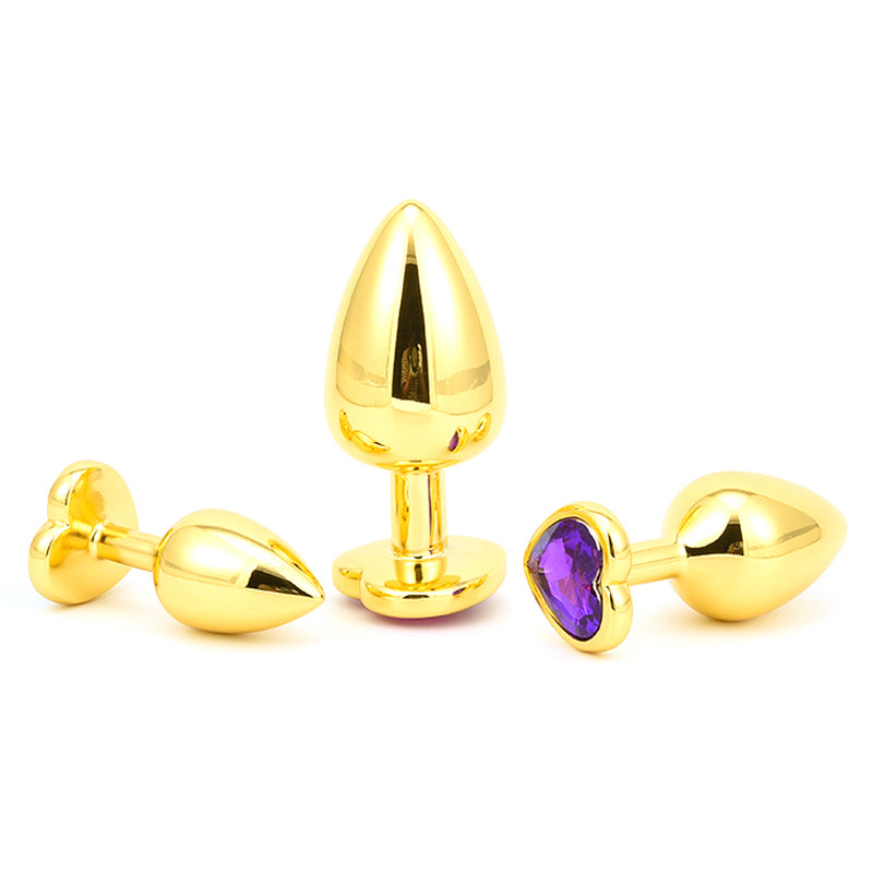 Hjerte Juvel Butt Plug i Rustfrit Stål - Guld, Medium, Lilla Sten