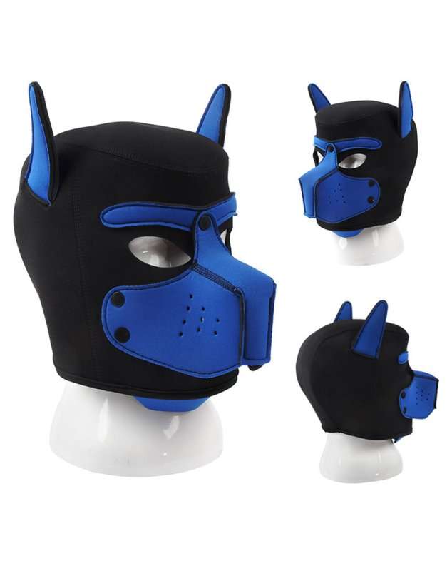 Blue and black camouflage dog bondage hood made of synthetic leather, lightweight and durable, with ear and muzzle details.