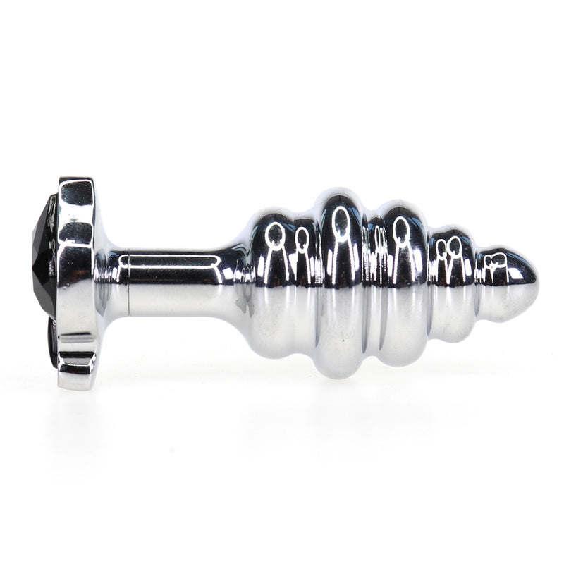 Butt Plug i Stål med Gevind og Spar-diamant - Sølv, Sort Sten