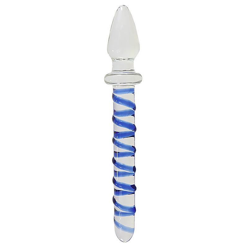 Transparent glass double ended butt plug with blue spiral design, 22cm length and 3cm diameter for intimate pleasure