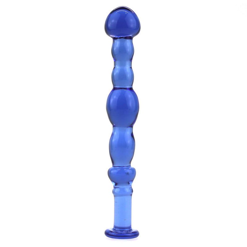 Blue glass anal sex plug with smooth textured bulbous design, 15.5 cm length and 2 cm diameter, lightweight and elegant.