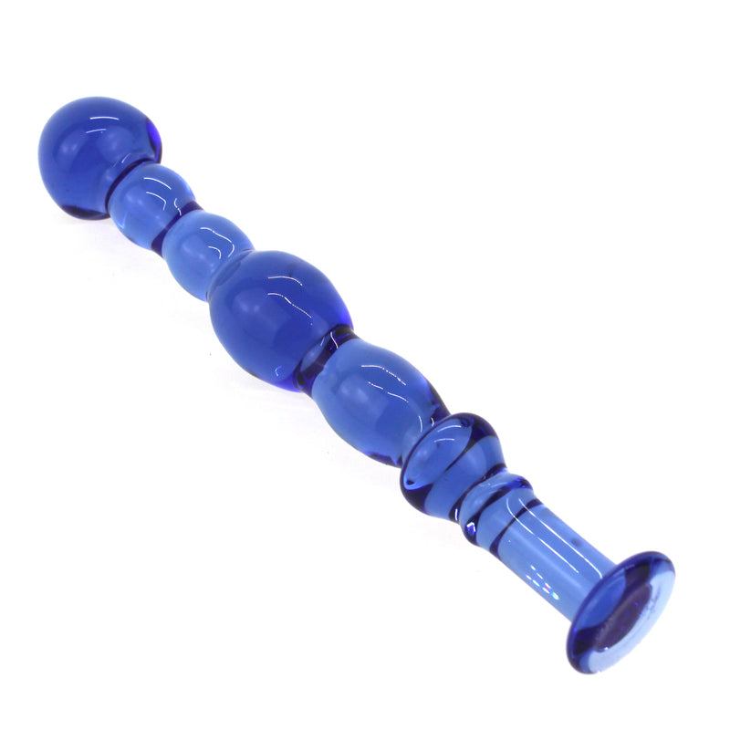Blå glas anal sex plug med glat overflade og ergonomisk design, 15,5 cm lang og 2 cm i diameter.
