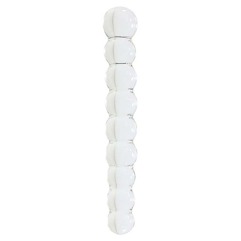 Transparent glass anal beads with smooth rounded segments for comfortable intimate use.