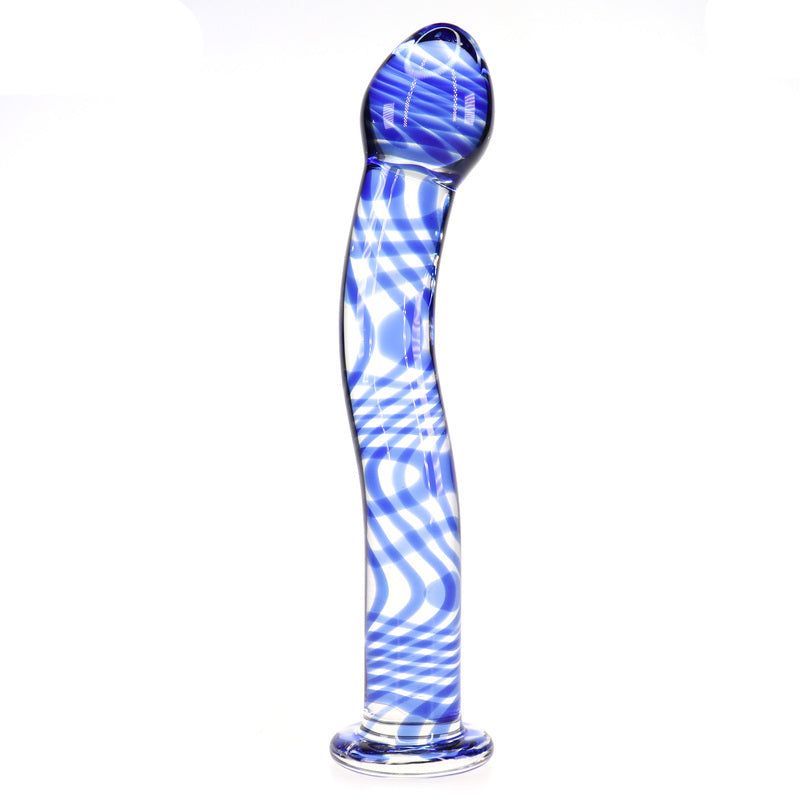 Blue glass bent butt plug with curved design and smooth finish for comfortable use.