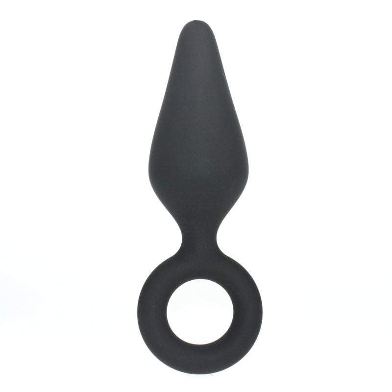 Black smooth silicone butt plug with tapered tip and circular handle for easy grip