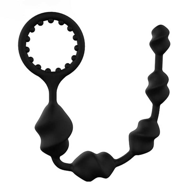 Sort fleksibel silicone anal beads med graduerede perler og praktisk ring til nem fjernelse.