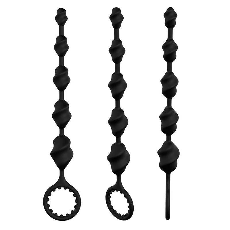 Sorte Silicone Anal Beads med fleksible og graduerede perler og praktisk ring til nem fjernelse.