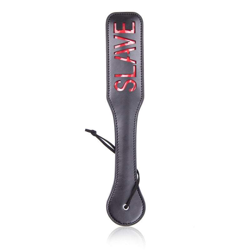 Durable PVC Spanking Fun SLAVE Paddle with black finish.