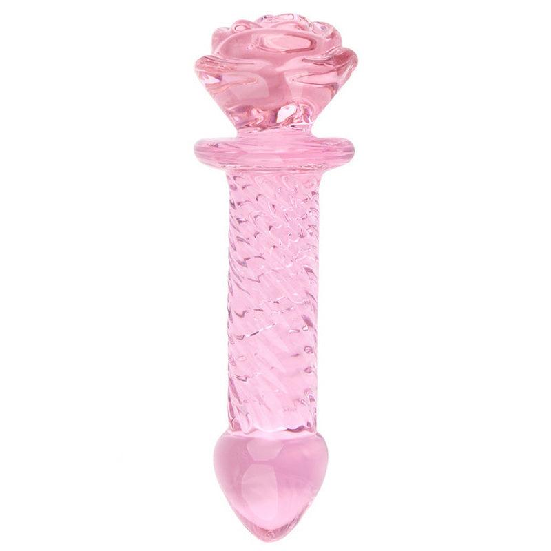 Pink Flower Thread Butt Plug i glas med blomsterformet top og vævet mønster, 16 cm lang og 3 cm bred.