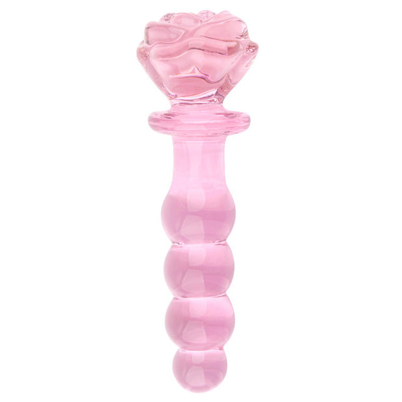pink glas Flower Four Ball Butt Plug med fire kugler og blomsterformet top til anal stimulation
