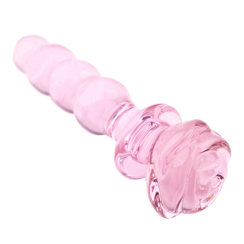 pink Flower Four Ball Butt Plug i glas med fire kugler og blomstret håndtag til anal stimulation