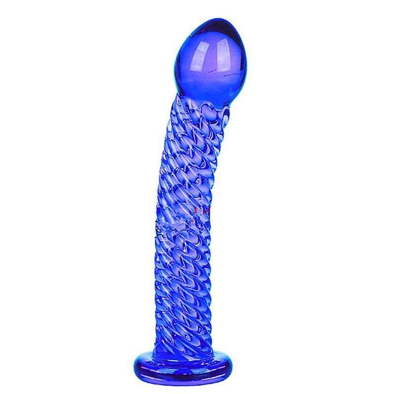 Bølget glas dildo i dyb blå farve med havinspirerede kurver og flydende design