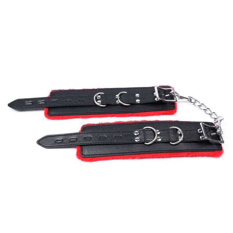 Black and red plush PVC wrist straps with metal buckles and chain connection, size 23x6 cm