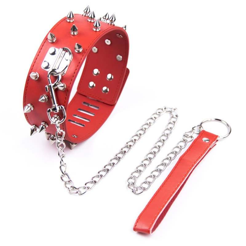 Red adjustable pet collar with metal chain and spikes for dogs or cats