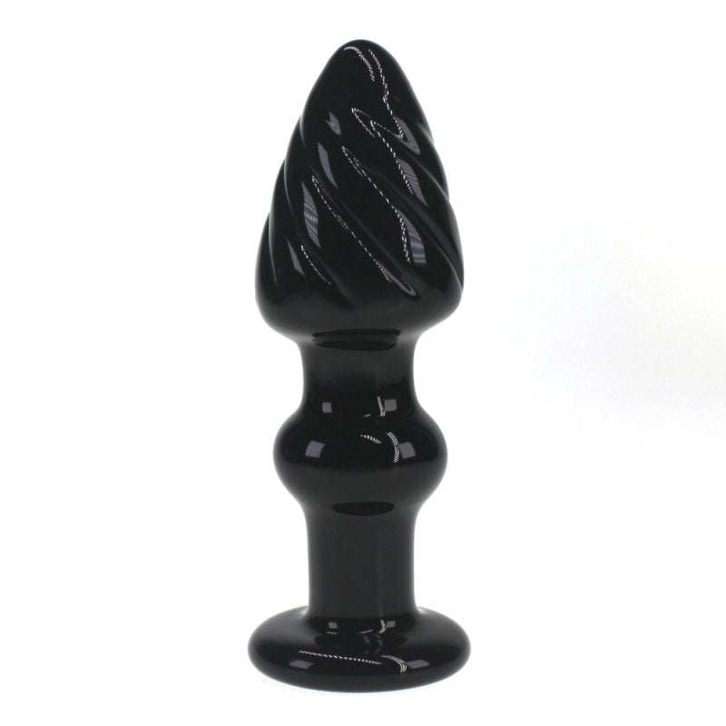 Black Glass Royal intruder anal plug with smooth twisted design, 11.5 cm length and 4 cm width, elegant and comfortable for beginners and experienced users.