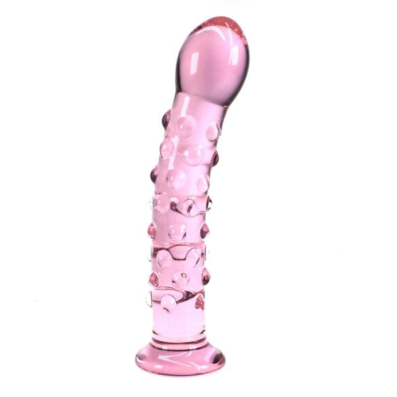 Pink glass bent P-Spot Butt Plug with textured surface for intense stimulation and elegant design.