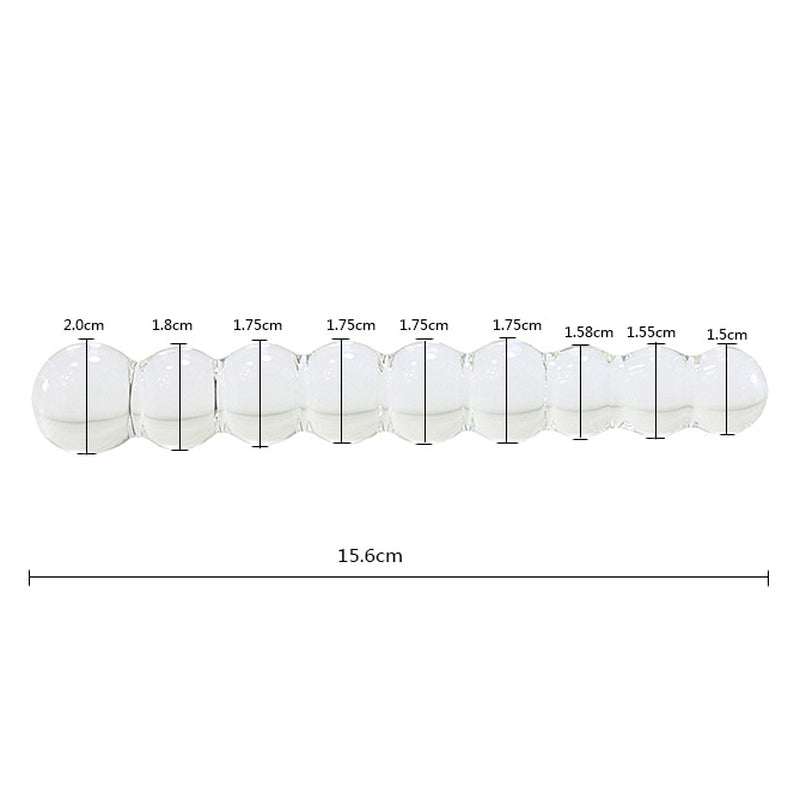 glas analkugler i højkvalitets gennemsigtigt glas med varierede diametre og samlet længde på 15,6 cm til intim stimulation