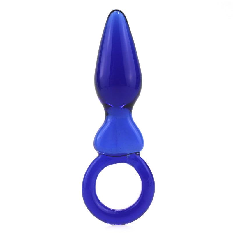 Blue anal glass plug with smooth surface and ergonomic design, 15 cm long and 3 cm wide.