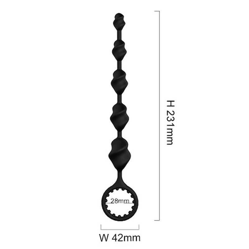 Sorte Silicone Anal Beads i fleksibel silikone med graduerede perler og praktisk ring til nem fjernelse, 231 mm lange og 42 mm brede.